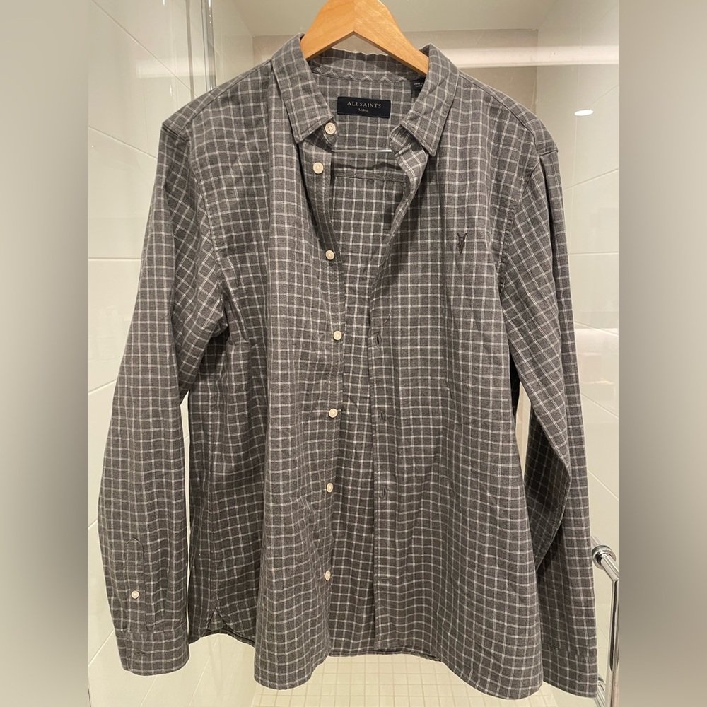 All Saints Men’s Gray Windowpane Button-Up Shirt